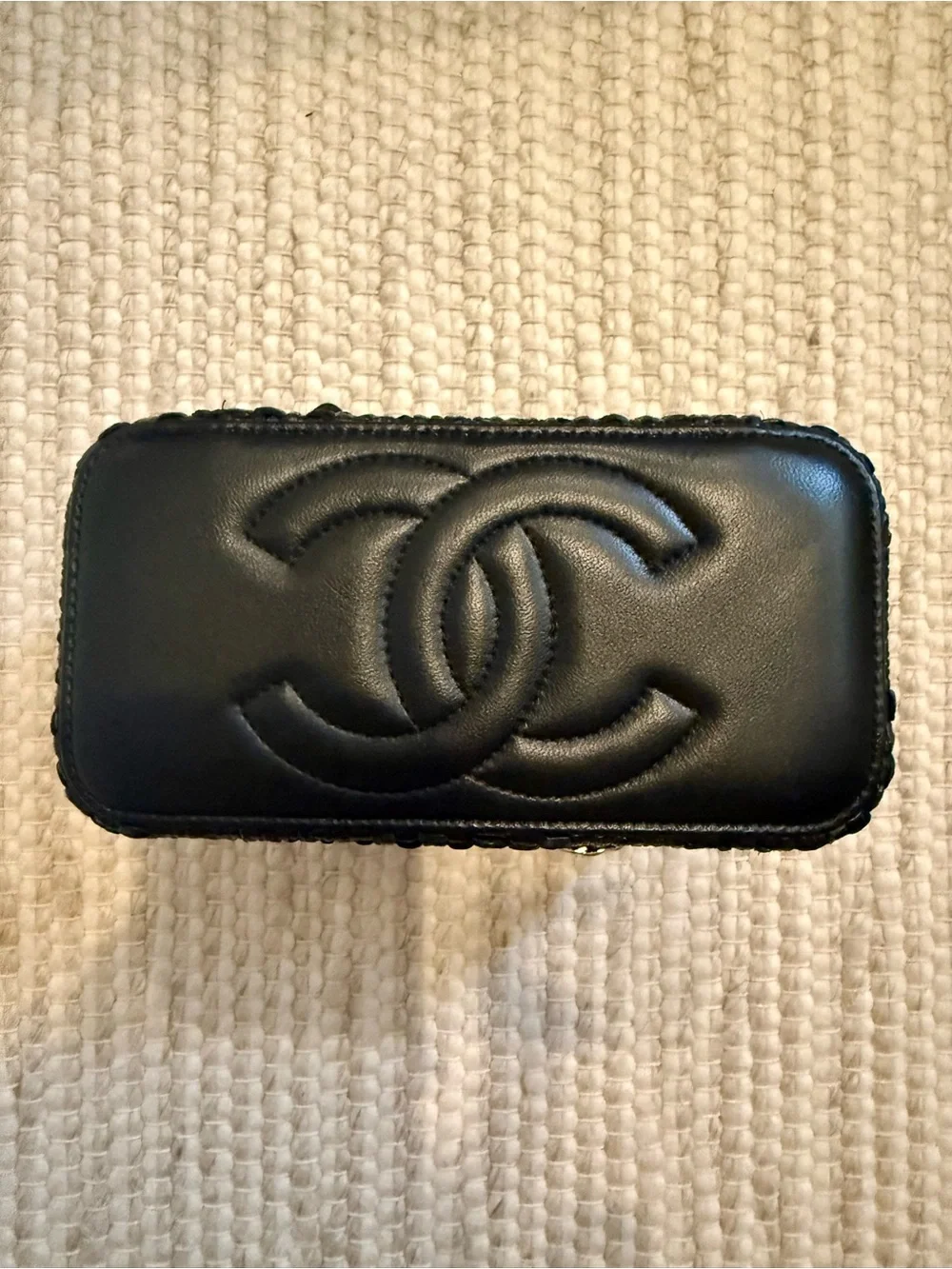 CHANEL Black Raffia Quilted Chain Crossbody Vanity Bag